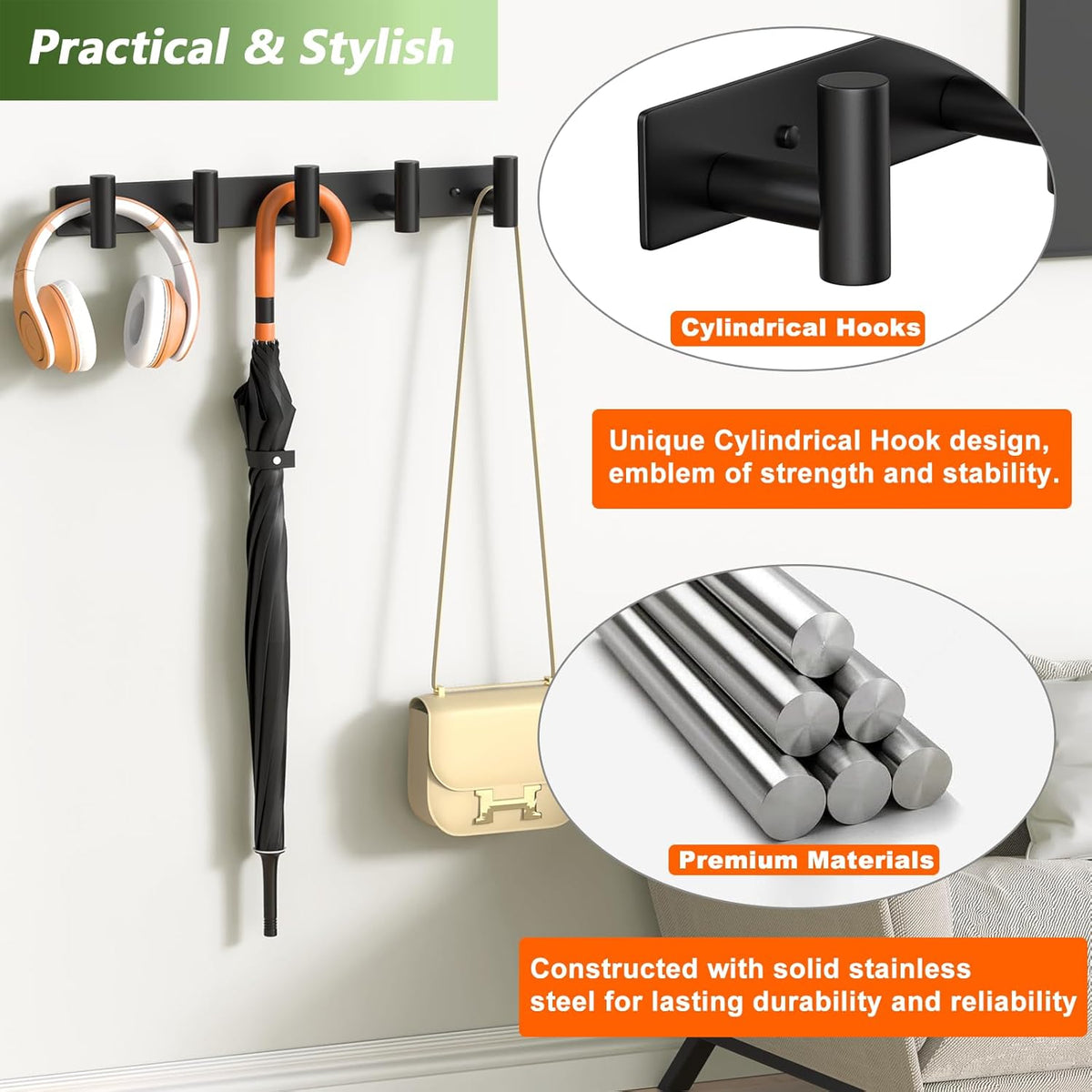 Wall Mounted Coat Rack-5 Hooks, Heavy Duty Stainless Steel Hook Rail for Towel Coat Hat Purse Bag Jacket, Towel Hooks for Entryway Bathroom Kitchen (Black 5 Hooks - 1 Pack)
