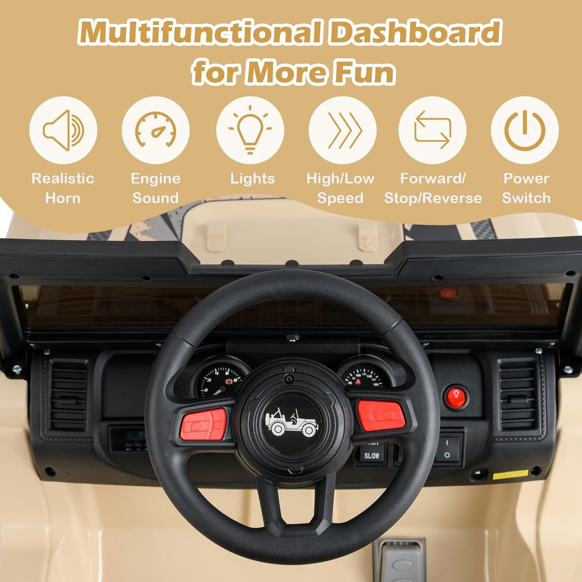 INFANS Kids Ride on Car Truck with 2.4G Remote Control, 12V Battery Powered Electric Cars for Kids w/3 Speeds, Battery Display, LED Lights, Safety Belt, Music & Horn, Bluetooth/FM/USB (Khaki)