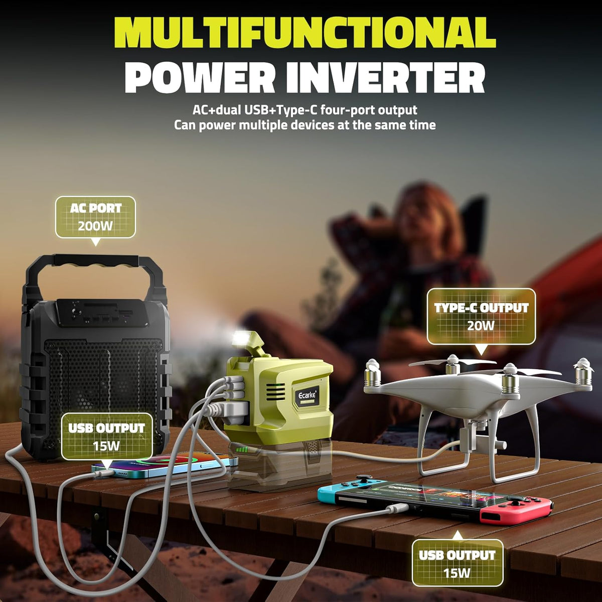 200W Portable Power Inverter Compatible with Ryobi 18V,Ecarke Outdoor Generato Battery Converter with 2 USB&LED&AC Battery Powered Outlet,Convert DC 18V/20V to AC 110V-120V Portable Power Station