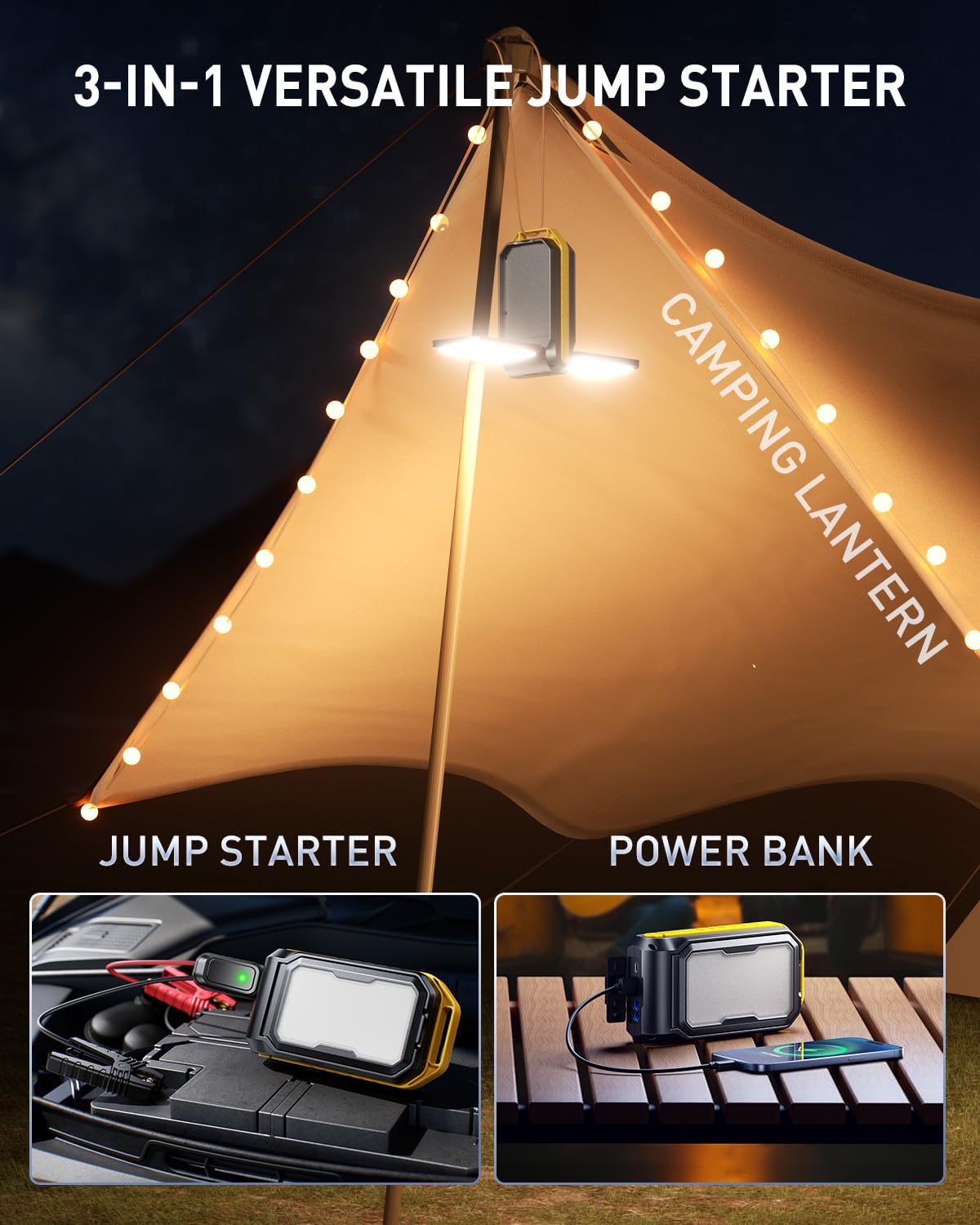 AUXITO Jump Starter: 6000A Car Portable-Battery Jumper Box with 4000LM LED Outdoor Camping Light and Power Bank Function, Up to 10.5L Gas and 10L Diesel Engines, USB Ports and Jumper Cable Included
