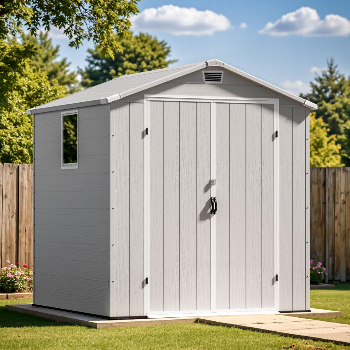 Patiowell 6x6 FT Outdoor Storage Shed with Floor - Resin Tool Shed with Lockable Door & 2 Windows, Easy Assembly for Garden, Backyard, Lawn Equipment, Light Grey