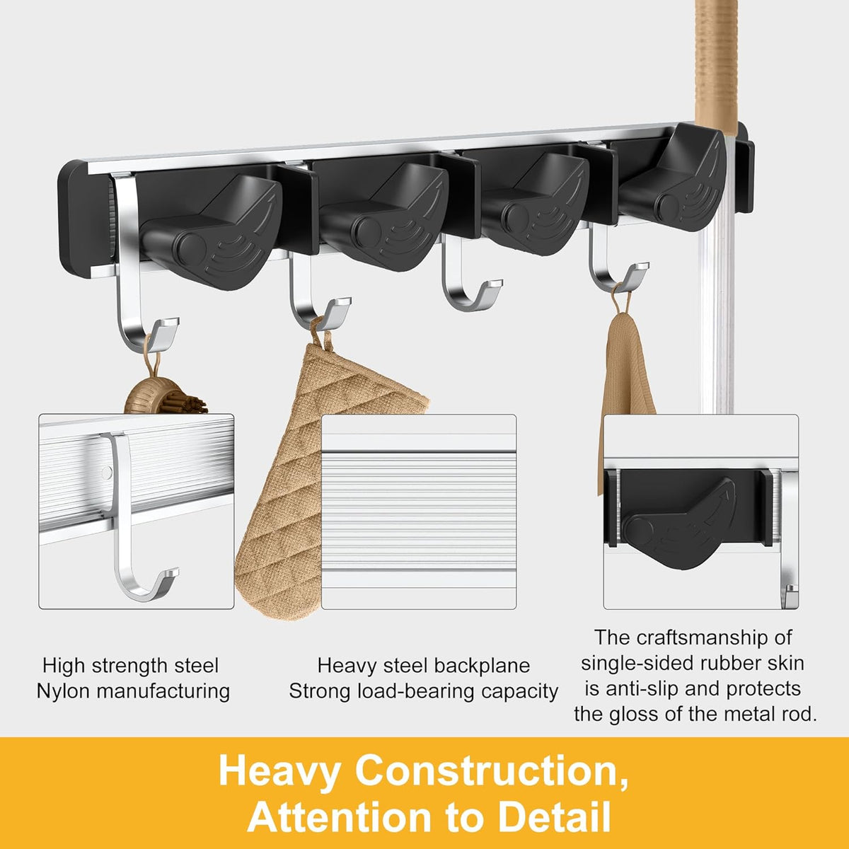 2-Pack Metal Mop Broom Holder Wall Mount - 4 Slot Tool Organizer with Rubber Grips for Kitchen, Garden, and Home Storage