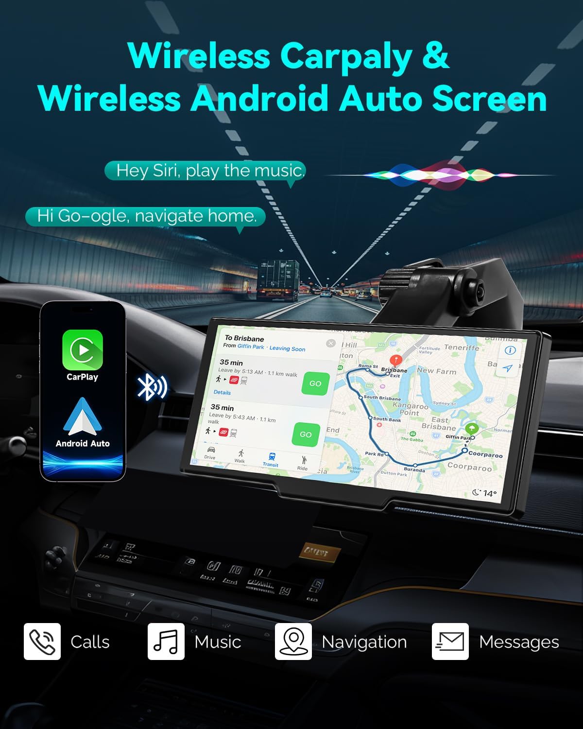 Wireless Carplay Screen for Car, 10.26" Android Auto Screen Compatible with A-pple Carplay, 4K Front & 1080P Rear Cameras Loop Recording, FM, AUX, BT, MirrorLink, Voice Control, Navigation for iOS 10+