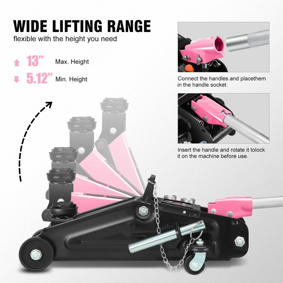 DNA MOTORING Floor Jack with Socket and Lock, Low Profile Hydraulic Trolley Jack for Cars Lift, 2 Ton (4000 lbs) Capacity, Lifting Range 5.12"-13", Pink, TOOLS-00677-PK