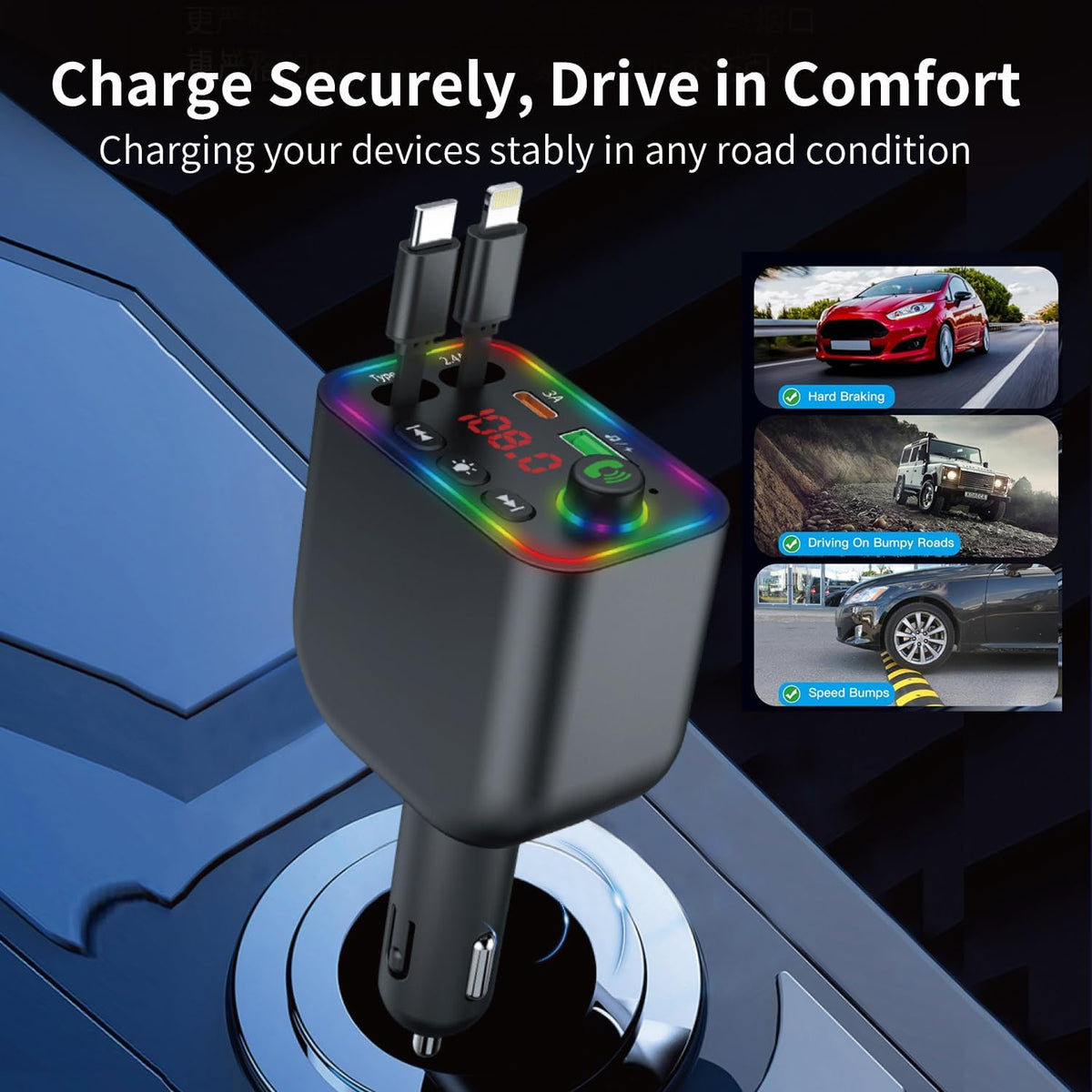 Vitog Retractable Car Charger, Wireless Bluetooth 5.3 FM Transmitter 100W USB C 4 in 1 Fast Car Charger Adapter,iPhone 16 Fast Charging-for iPhone 16 15 14 13 12 Android