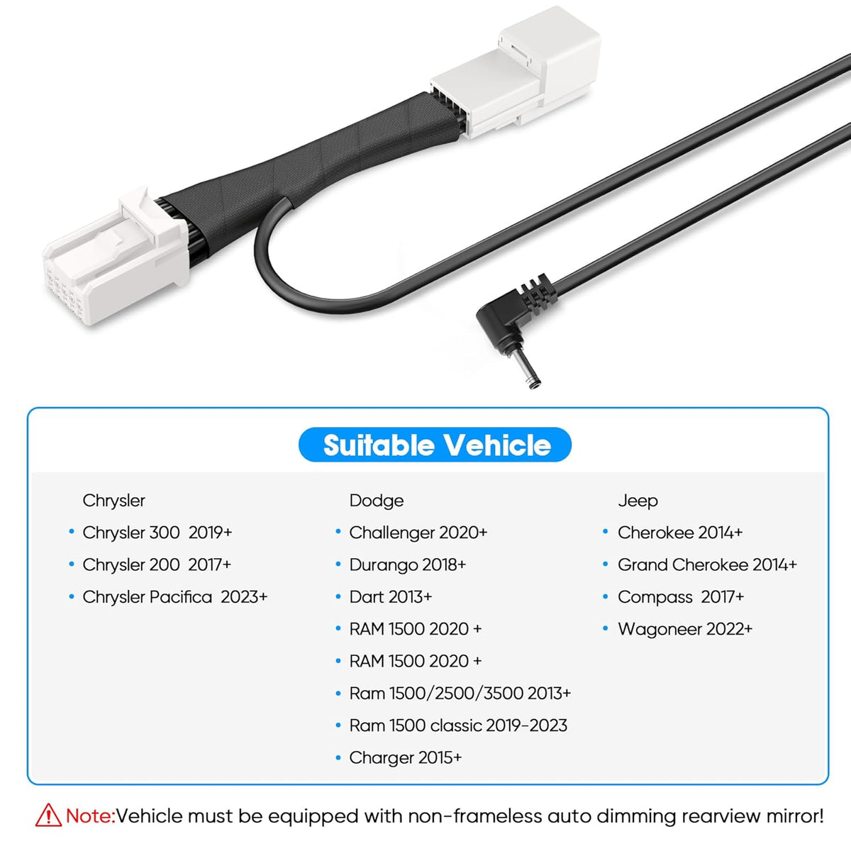 Radar Detector Power Adapter DC3.5 Plug (10P Type C) Compatible with Dodge RAM,Charger,Challenger,Grand Cherokee,Chrysler,with Auto-dimming Rearview Mirror,Radar Detector Adapter Cable,Clean Install