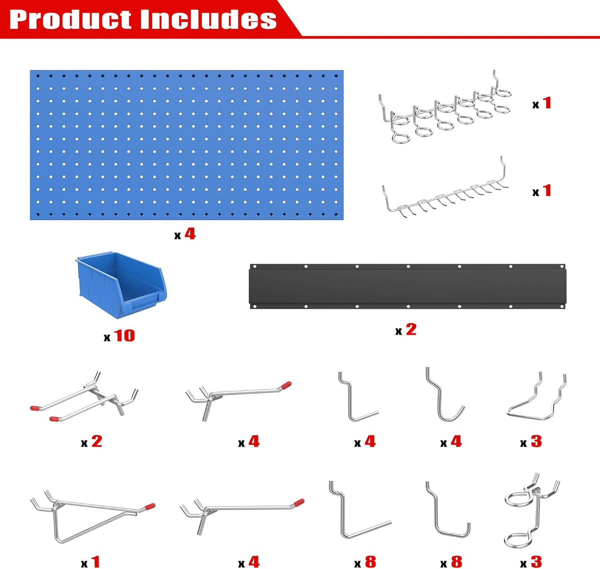 Ultrawall Pegboard Wall Organizer, Blue Metal Peg Board Panels, Garage Storage System with Hooks and Storage Bins, 59pcs