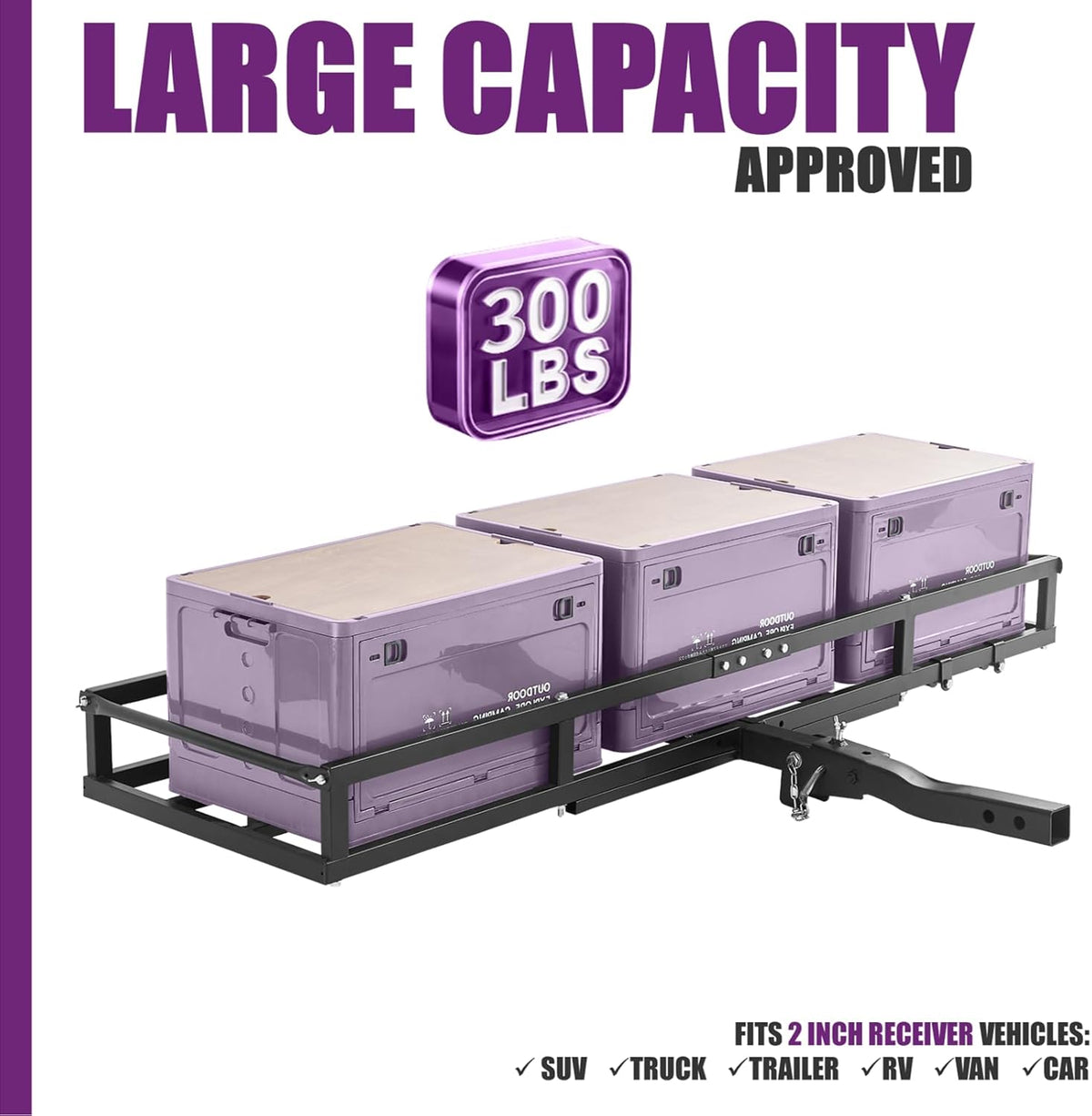 Hitch-Mount Bike Rack for Ebike Heavy-Duty - Comes with Cargo Carrier Fits 2 Electric Fat-Tire Mountain Bicycles Fits 2" Receiver for Car Trailer SUV Truck RV Minivan (Purple)