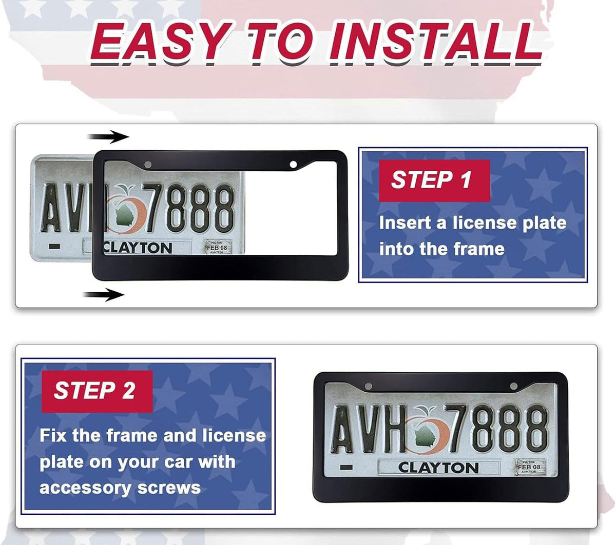 2Pack American Flag License Plate Frame - Rustproof Aluminum Patriotic Car Tag Holder Bracket Fits All Vehicles, US Flag License Plate Frame with Screws Included