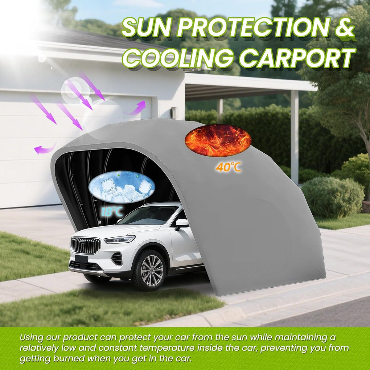 Heavy Duty Stainless Steel Carport,Semi-Automatic Carport, Retractable Car Port Awning, Portable Foldable Garage Canopy Tent for Outdoor,Lockable,Durable Shelter,Grey,18×8.2×7.5FT