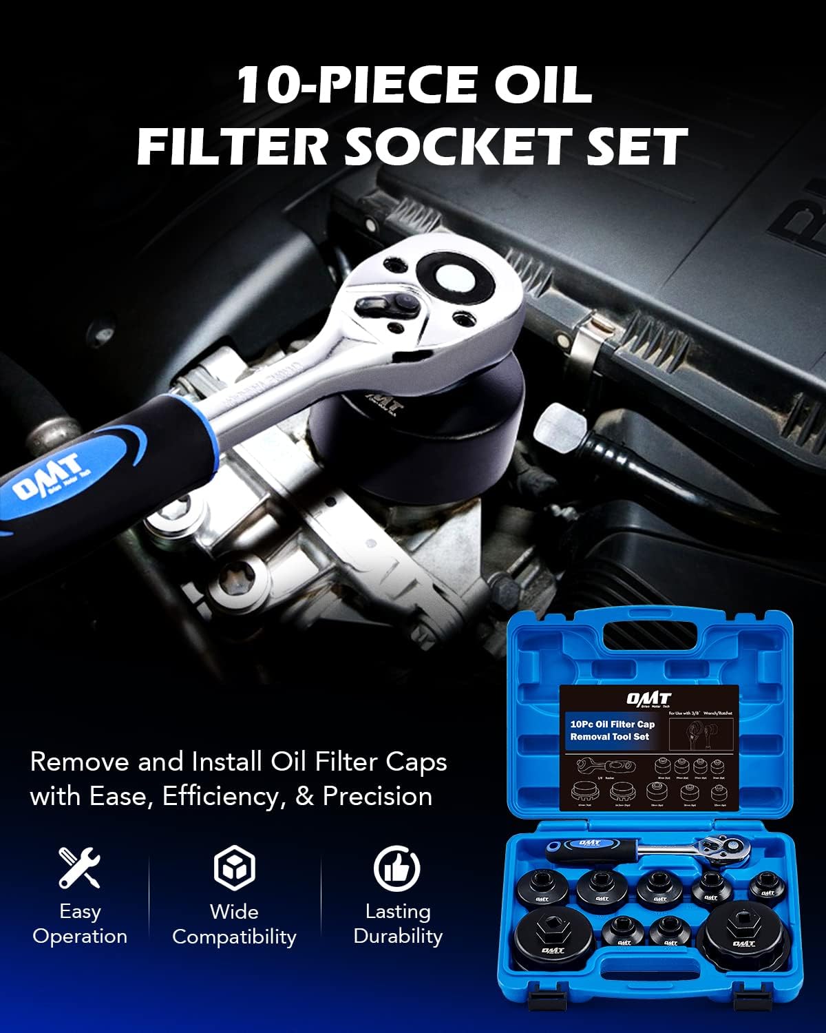 Orion Motor Tech Oil Filter Wrench Set, 10pc Oil Filter Socket Set, 3/8" Drive Metric Oil Filter Cap Wrench Removal Tool Kit, Low Profile Oil Filter Socket Set Compatible with Toyota VW BMW Mercedes