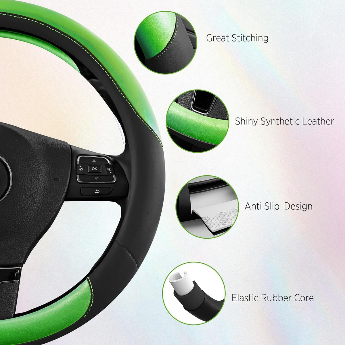 Road Comforts Steering Wheel Cover – Breathable Leather Steering Wheel Cover, Anti-Slip Grip, Universal Fit 14.5” to 15”, Heat & Cold Resistant for Cars, SUVs, and Trucks – Black & Green