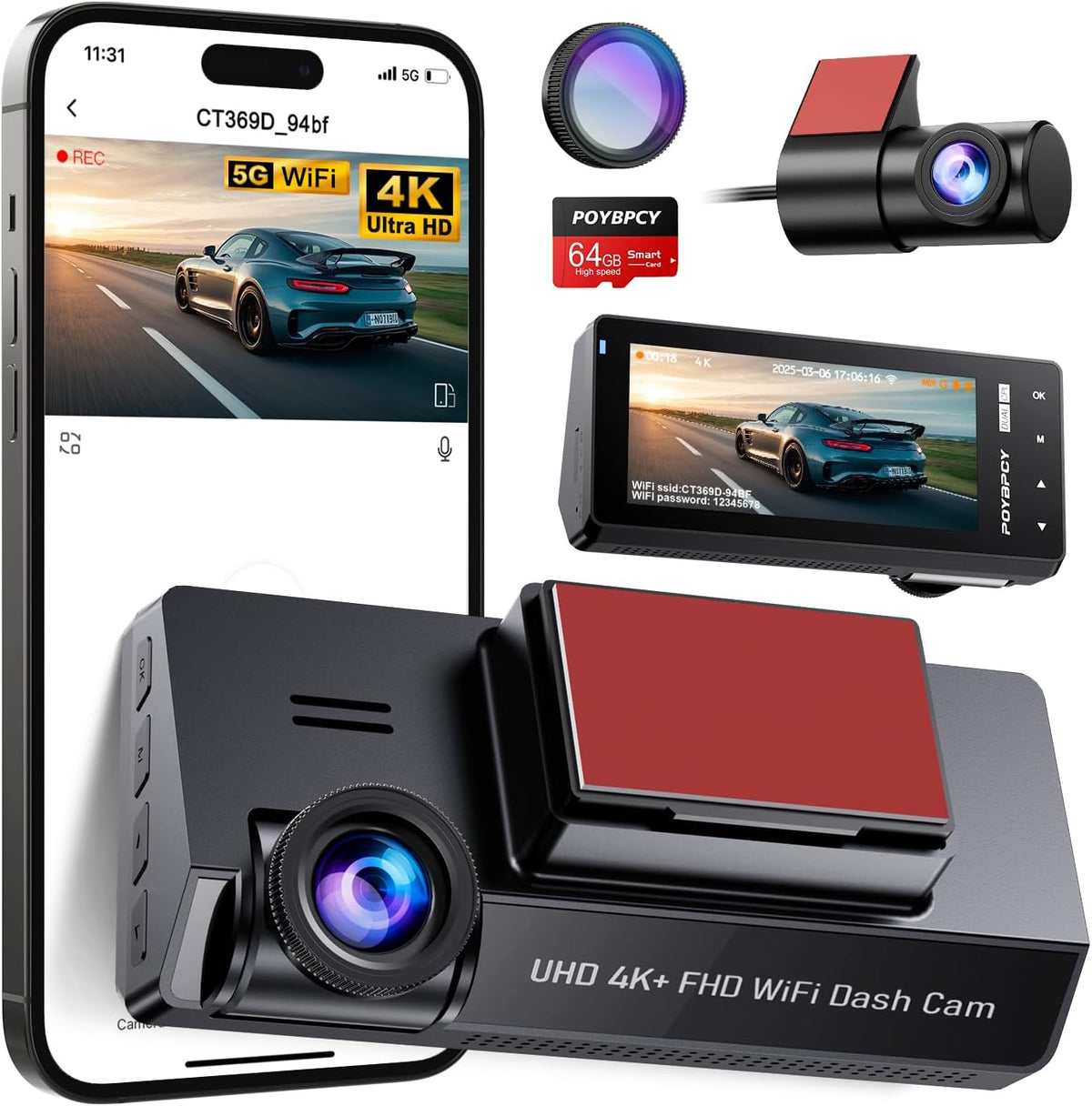 Dash Cam Front and Rear 5GHz WiFi Dashcam with CPL, 4K+1080P Dual Dash Camera for Cars, 3.69" IPS Screen Dashcam with 64GB SD Card, App Control, 24H Parking Mode, Super Night Vision, Loop Recording