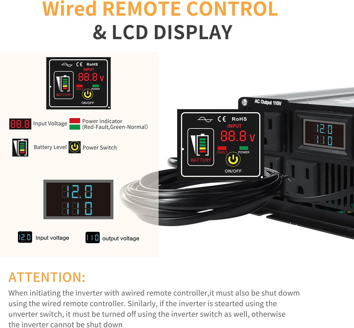 3000 Watt Pure Sine Wave Power Inverter DC 24V to 110V/120V AC Converter with 3 AC,18W USB, and 30W Type-C Charging Ports, Car Solar Power Inverters with LCD Display for Home RV Truck