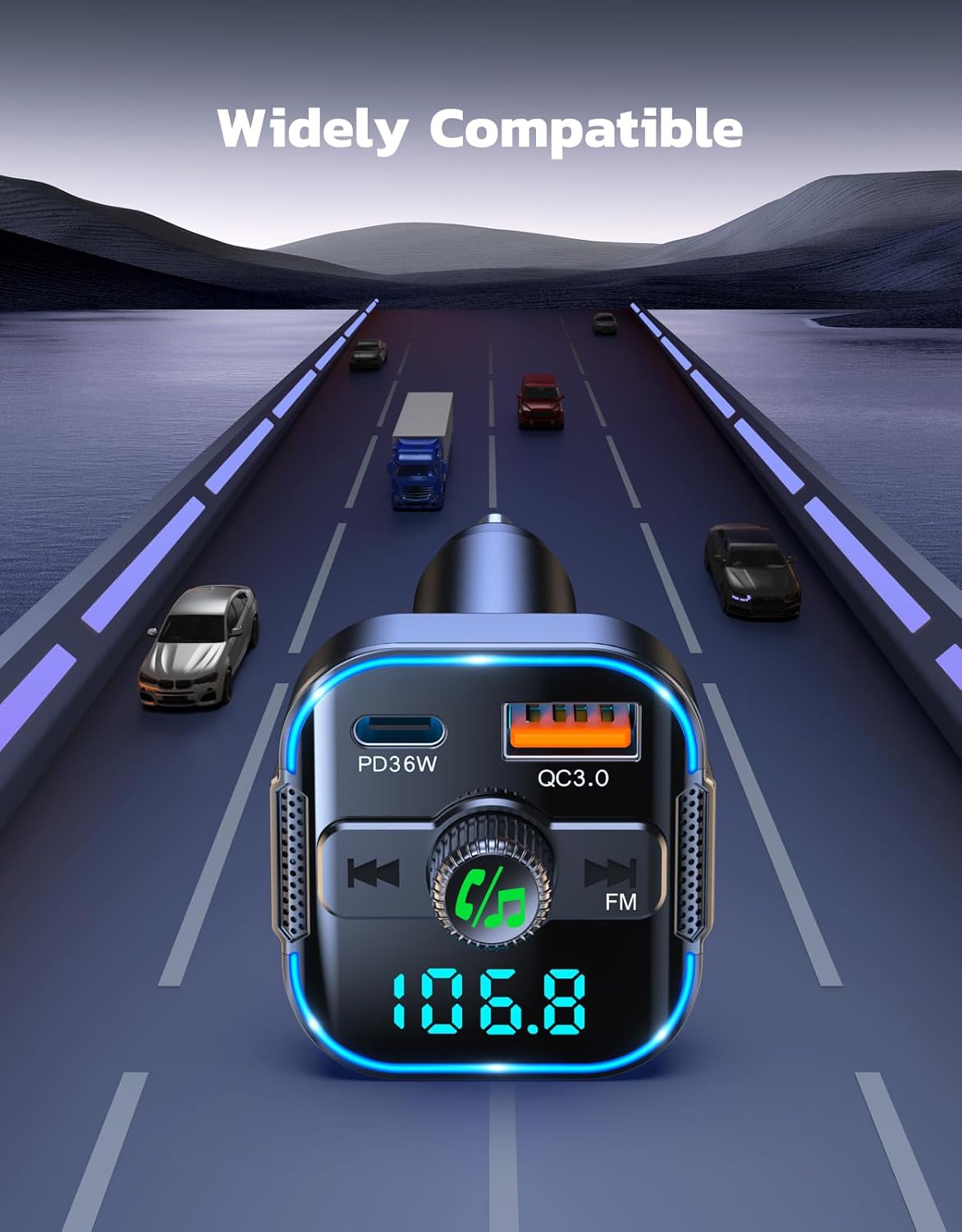 Bluetooth 5.3 Car Adapter【PD 36W+QC3.0 18W】, 2-in-1 FM Bluetooth Transmitter 【Dual Stronger Mics】& Fast Car Charger, Wireless FM Radio Adapter Hands-Free Calling, Siri Assistant, Black
