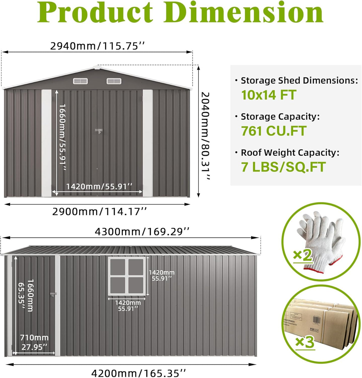 10 x 14 FT Large Outdoor Storage Shed w/ 2 Windows, Heavy Duty Metal Garden Sheds with 3 Lockable Door & Air Vents, Waterproof Tool House for Bicycles, Tools, Backyards, Patios, Lawns, Gray