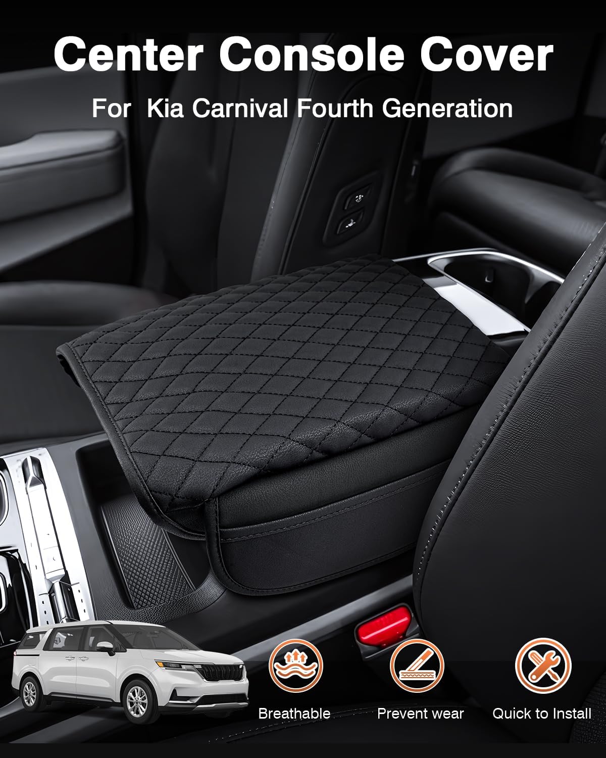Shademax Center Console Cover for Kia Carnival KA4 2022-2024 2025 2026 Accessories Armrest Cover Console Cushion Pad Leather MPV Armrest Seat Box Cover Console Lid Protector with Pockets Storage Bag