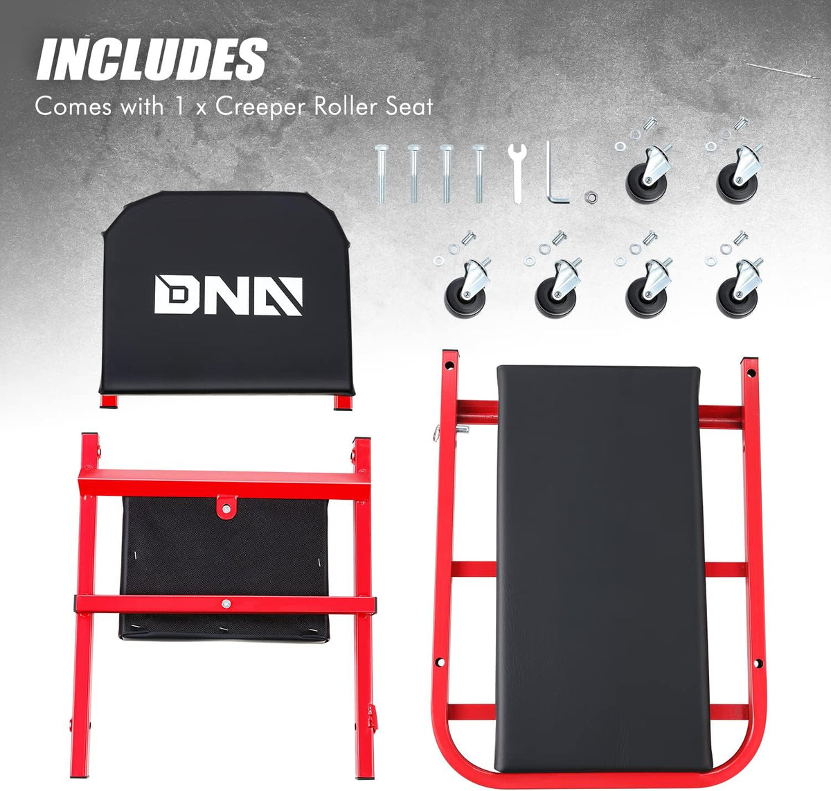 ‎DNA MOTORING TOOLS-00186 40 Inches 2 IN 1 Rolling Folding Car Creeper/Seat, 6 Pcs 2" Casters, 150kg Weight Capacity, Red