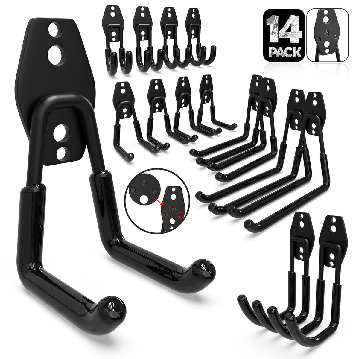 3-H Garage Wall Hooks 14 Pack, Garage Hooks Heavy Duty with Extra Welding Spots, Wall Mount Storage Organizer for Hanging Garden Lawn Tools, Ladder, WeedEater, Chair, Shovel, Blower (Black)