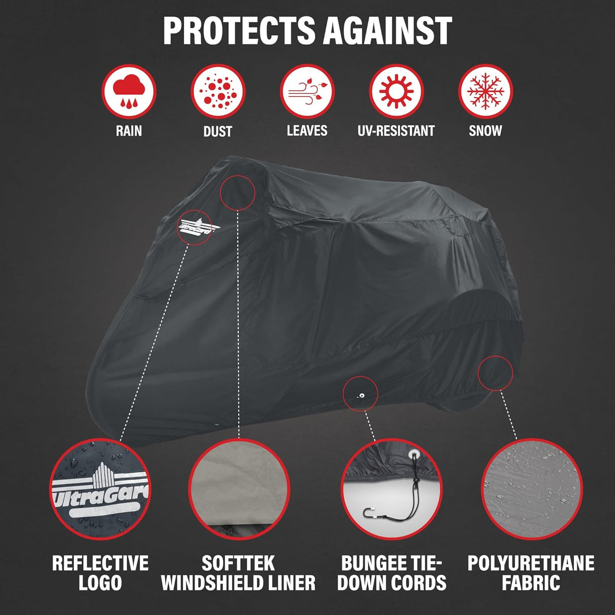Motorcycle Trike Cover - Weather-Resistant with Elastic Hem, Rustproof Grommets, Storage Bag, Windshield Liner, Antenna Flaps & Expandable Windshield Pockets