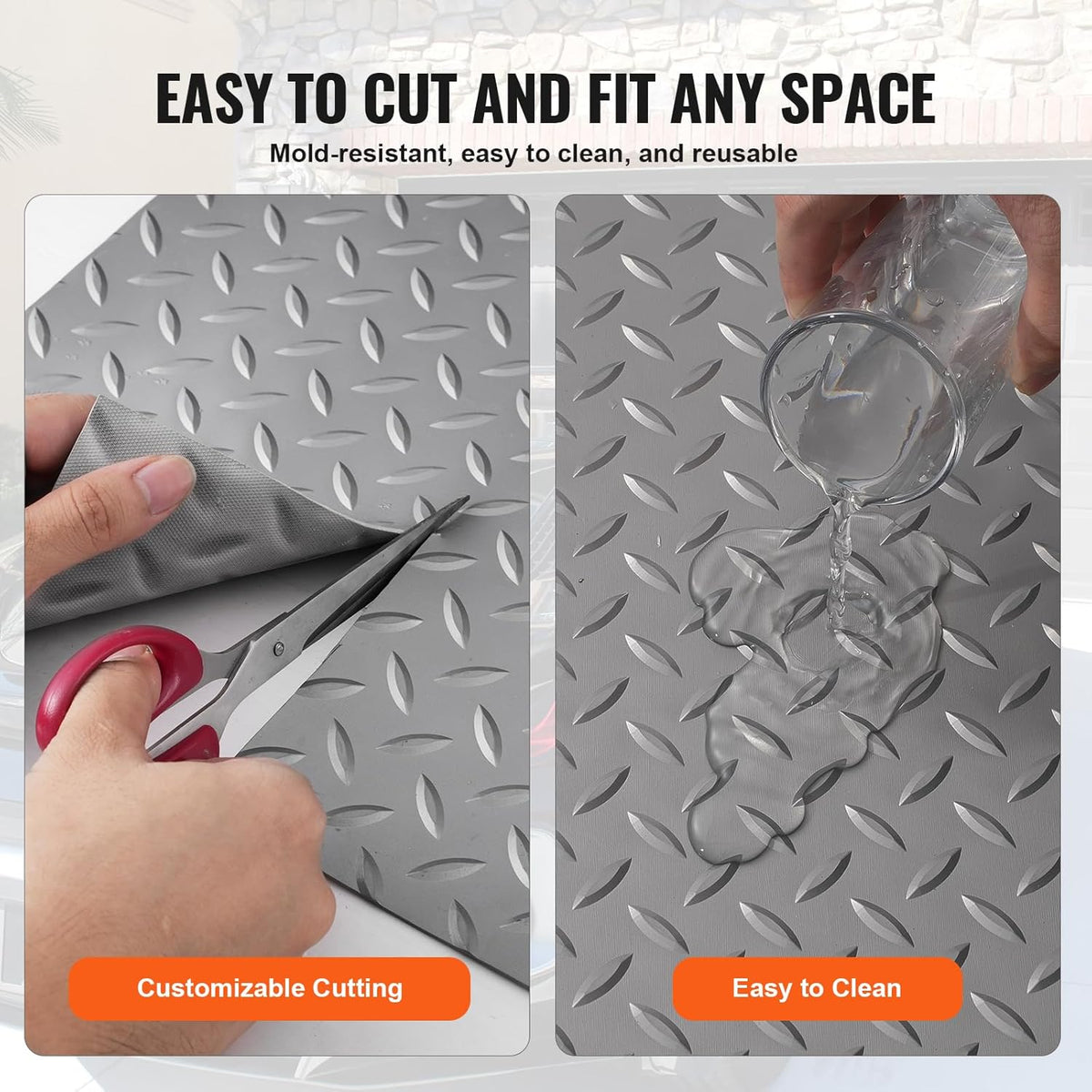 VEVOR Garage Floor Mat, 9.2 x 4.9 FT PVC Garage Flooring Roll, Non-Slip Diamond Texture, 45.21 sq.ft Covering Space, Garage Mats for Under Cars, for Gyms Boats Car Trailer, Silver