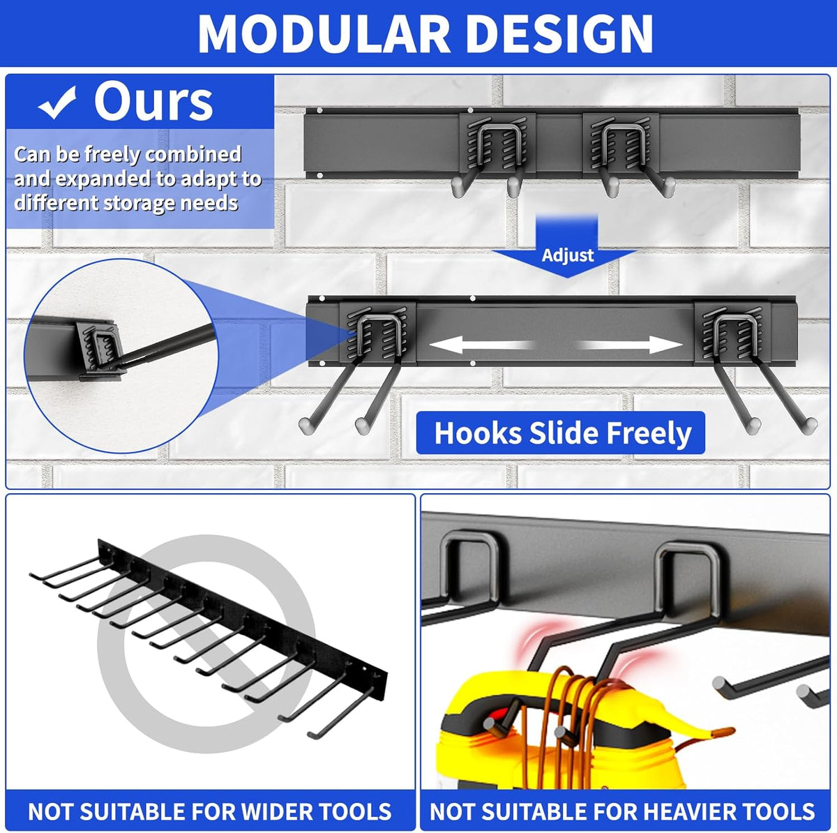 Garage Organization Tool Organizer Wall Mount, 64inch Heavy Duty Garden Tool organizer Storage System, Easy Install With 10 Adjustable Hooks, For Garage, Basement, Shed, Workshop(Black)