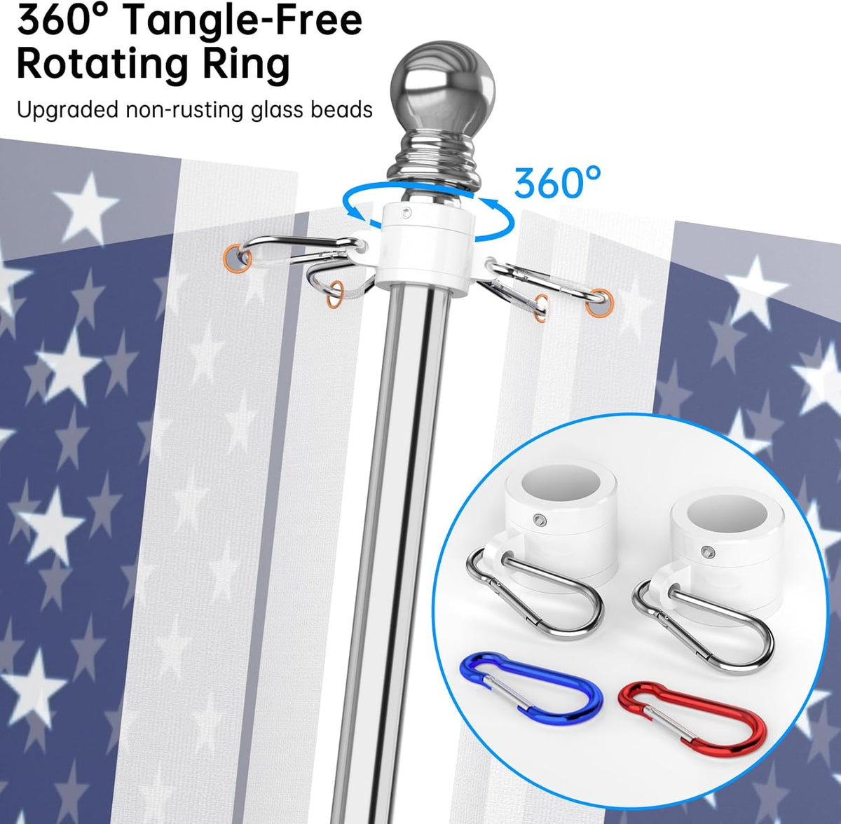ZMTECH Flag Pole - Upgraded Bracket, (2 Packs) 6 FT Stainless Steel Flag Poles for Outside House, Residential or Commerical, Tangle Free Flag Pole Kit for American Flag (Without Flag, Silver)