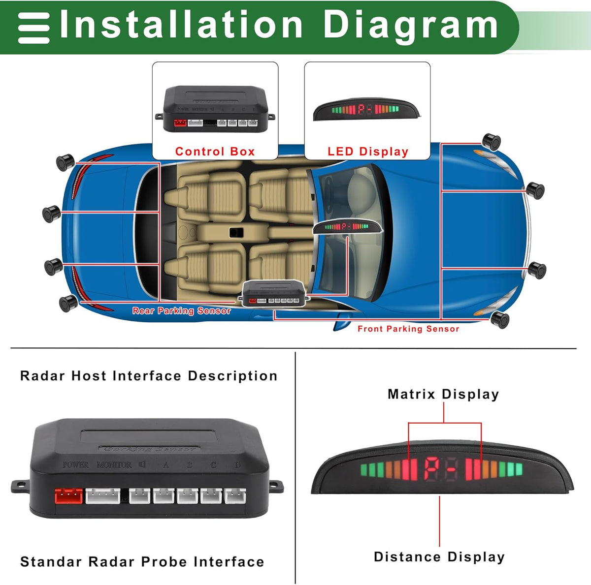 Motoforti Universal Car Auto Vehicle Reverse Backup Radar System Reverse Parking Sensors Alarm Buzzer Reminder Distance Detection Black 2 Pcs Parking Sensors