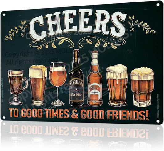 "Cheers to Good Times" Vintage Bar Sign or Man Cave Decor – 12x8″ Durable Metal Beer Signs Wall Decorations for Home Bar/Basement/Garage/Mancave, 2346