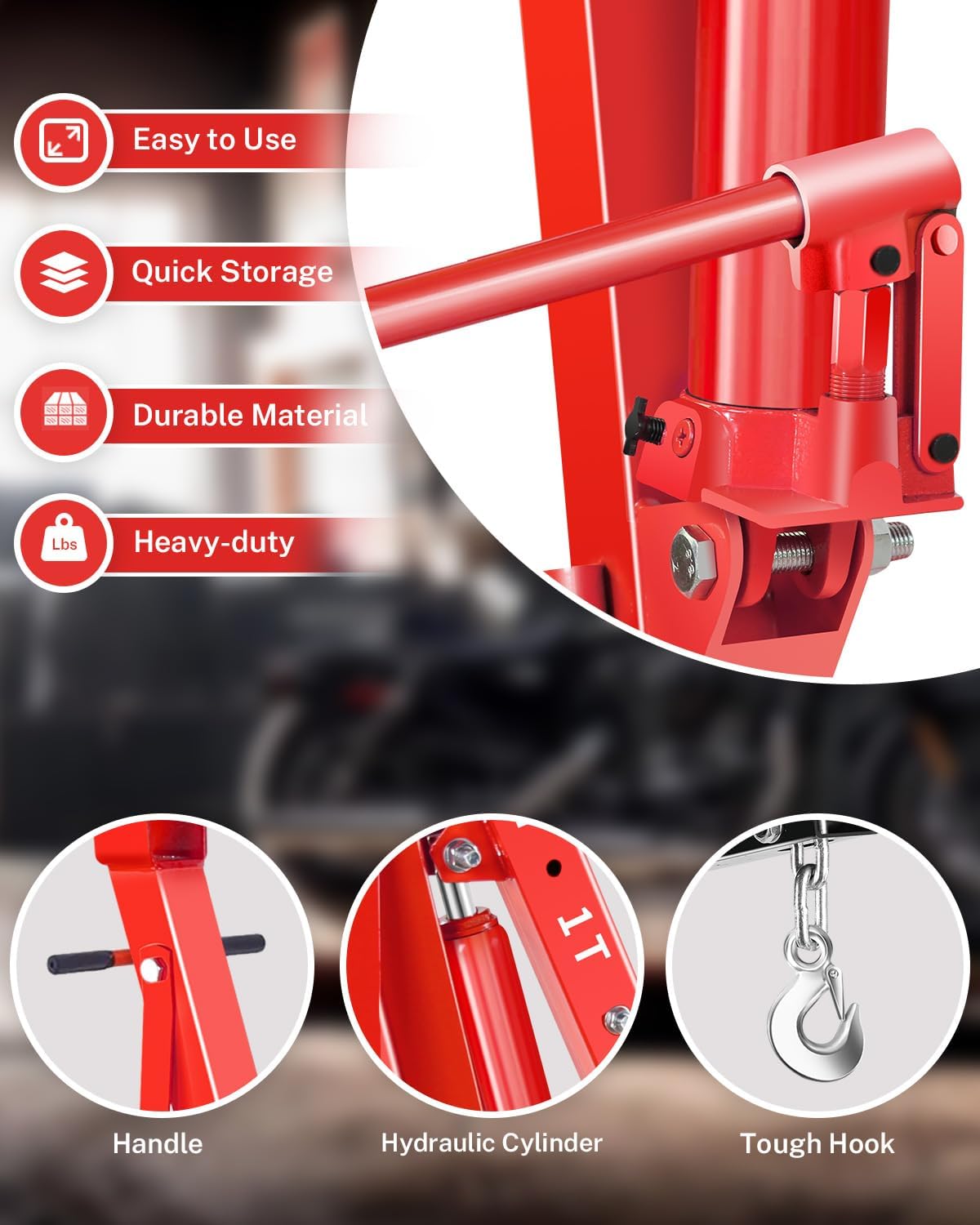 2-Ton Folding Engine Hoist, Hydraulic Shop Crane with 6 Swivel Wheels & Adjustable Boom (0.5T-2T), Heavy-Duty Cherry Picker for Garage, Workshop, Truck, Farm (Net Wt. 157 lbs)