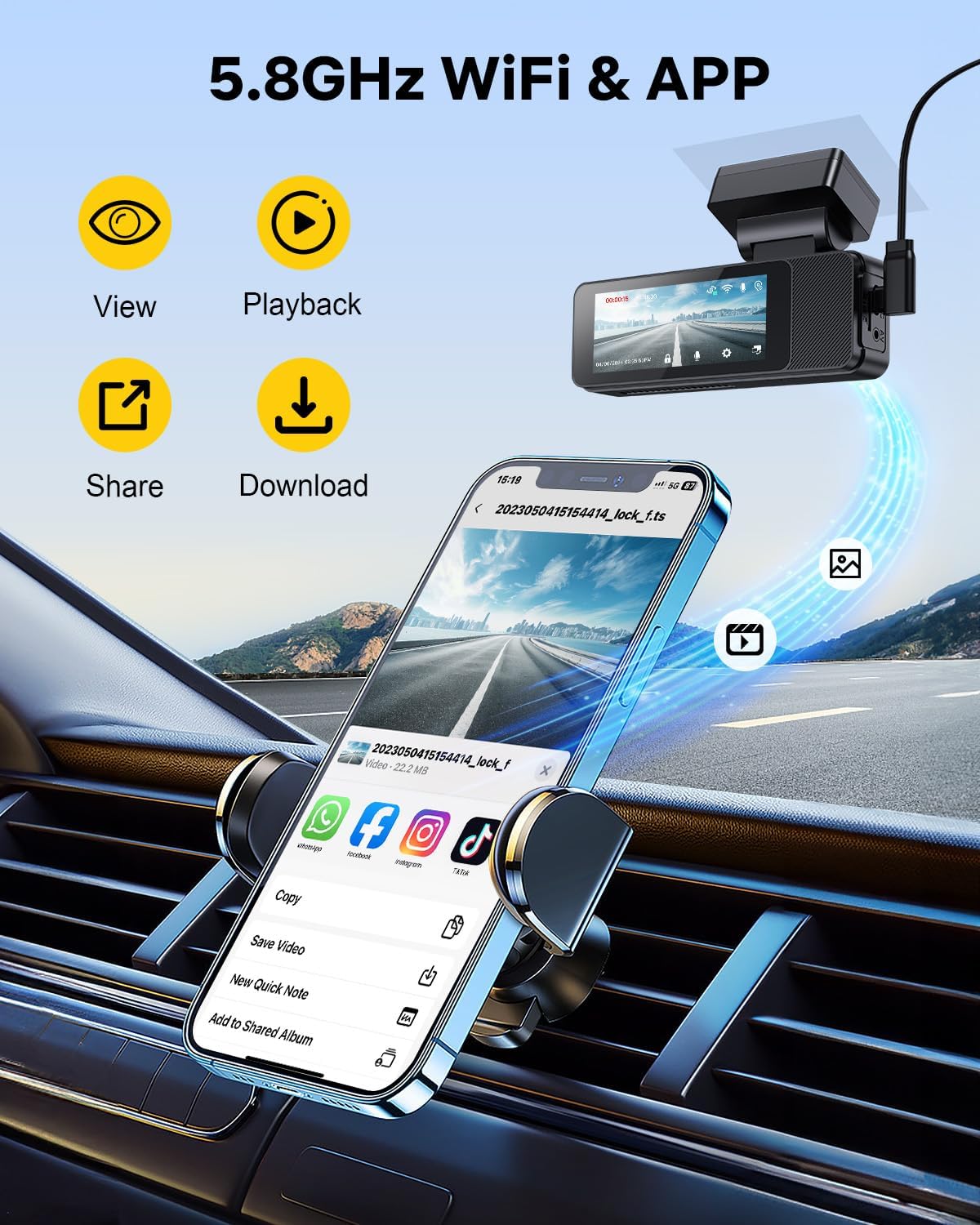 GKU Dash Cam Front and Rear, 3.18'' Touchscreen, 4K+1080P Dashcam, Built-in GPS, 5.8GHz WiFi Dash Camera for Cars with 24H Parking Monitor, Night Vision, WDR, Supports 512GB Max