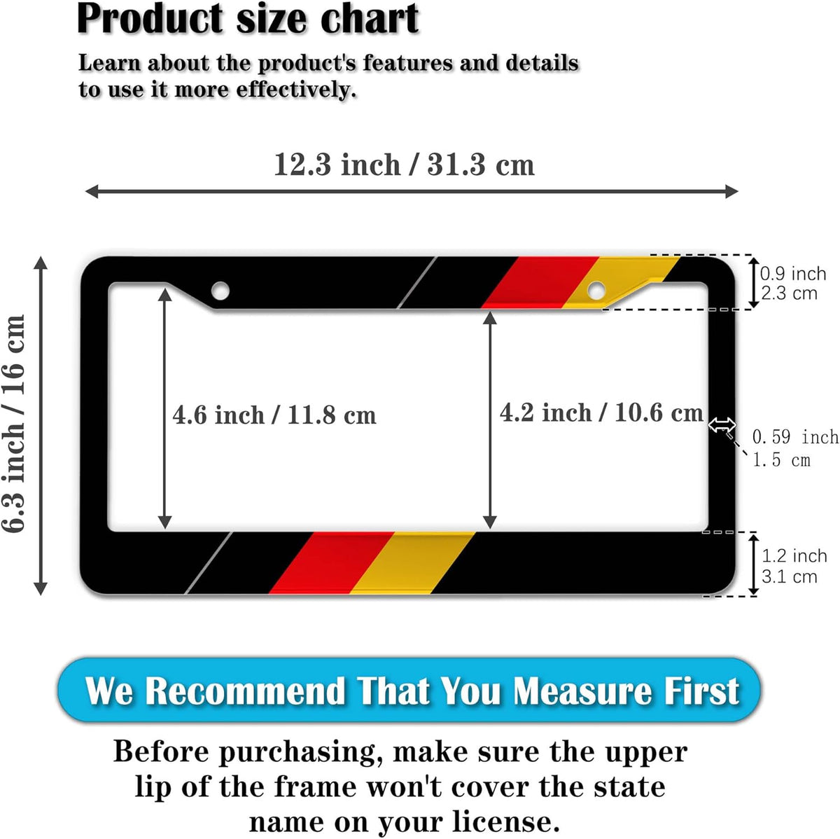License Plate Protector Black, Yellow, and Red License Plate Frames German Flag Aluminum Metal Car Accessory 2 Pack with Screw Covers Set