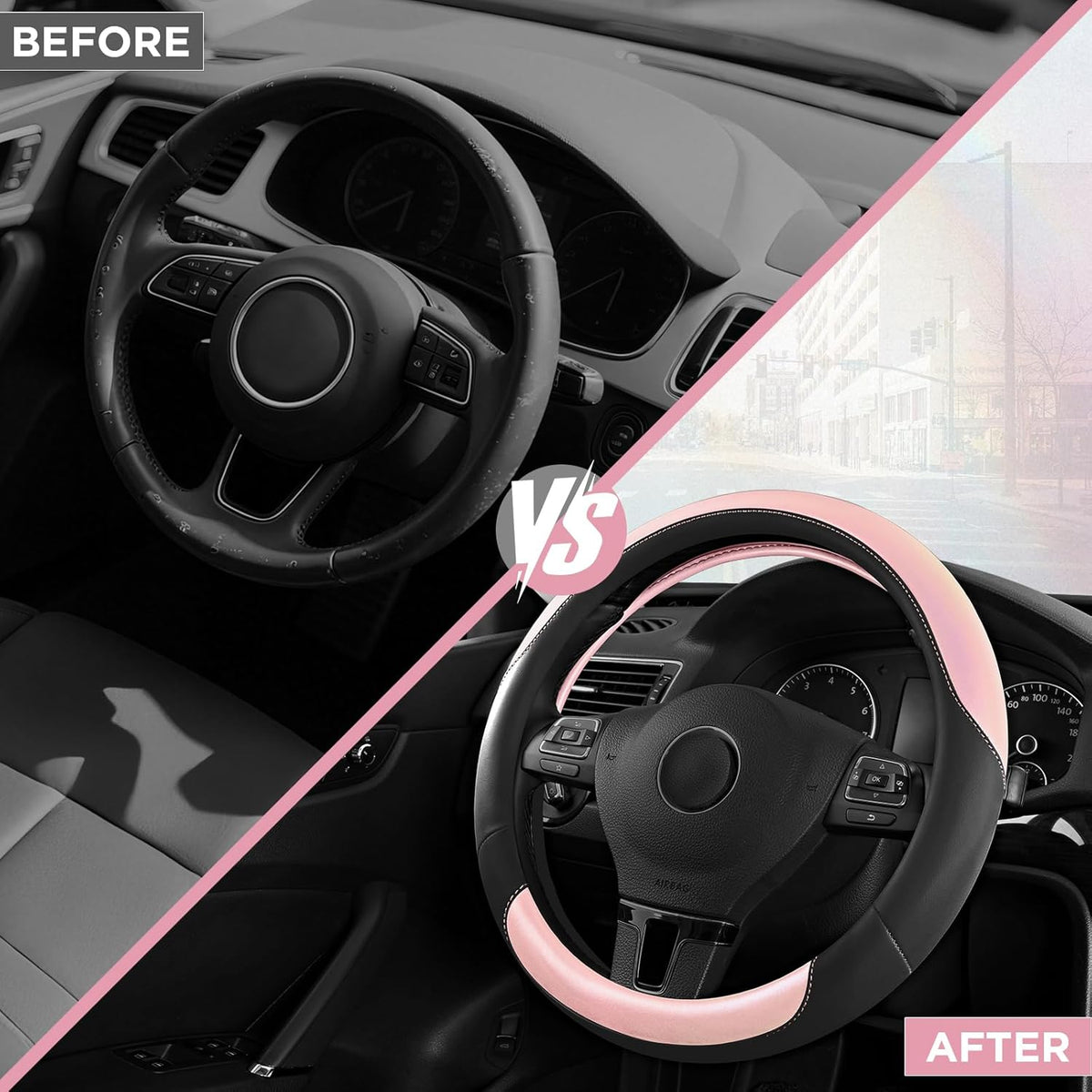 Road Comforts Steering Wheel Cover – Breathable Leather Steering Wheel Cover, Anti-Slip Grip, Universal Fit 14.5” to 15”, Heat & Cold Resistant for Cars, SUVs, and Trucks – Black & Pink