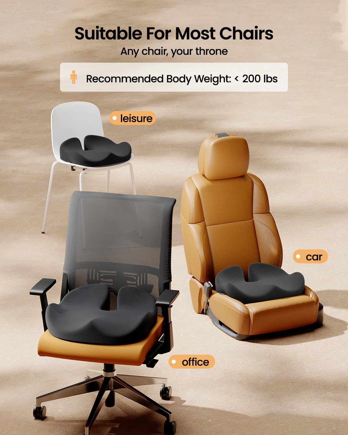 ProtoArc Seat Cushion, Office Chair Cushion for Sciatica, Coccyx Cushion, Ergonomic Memory Foam Seat Cushion for Car, Home, Pressure Relief Pad for Hip, Tailbone, All Day Comfort - Black