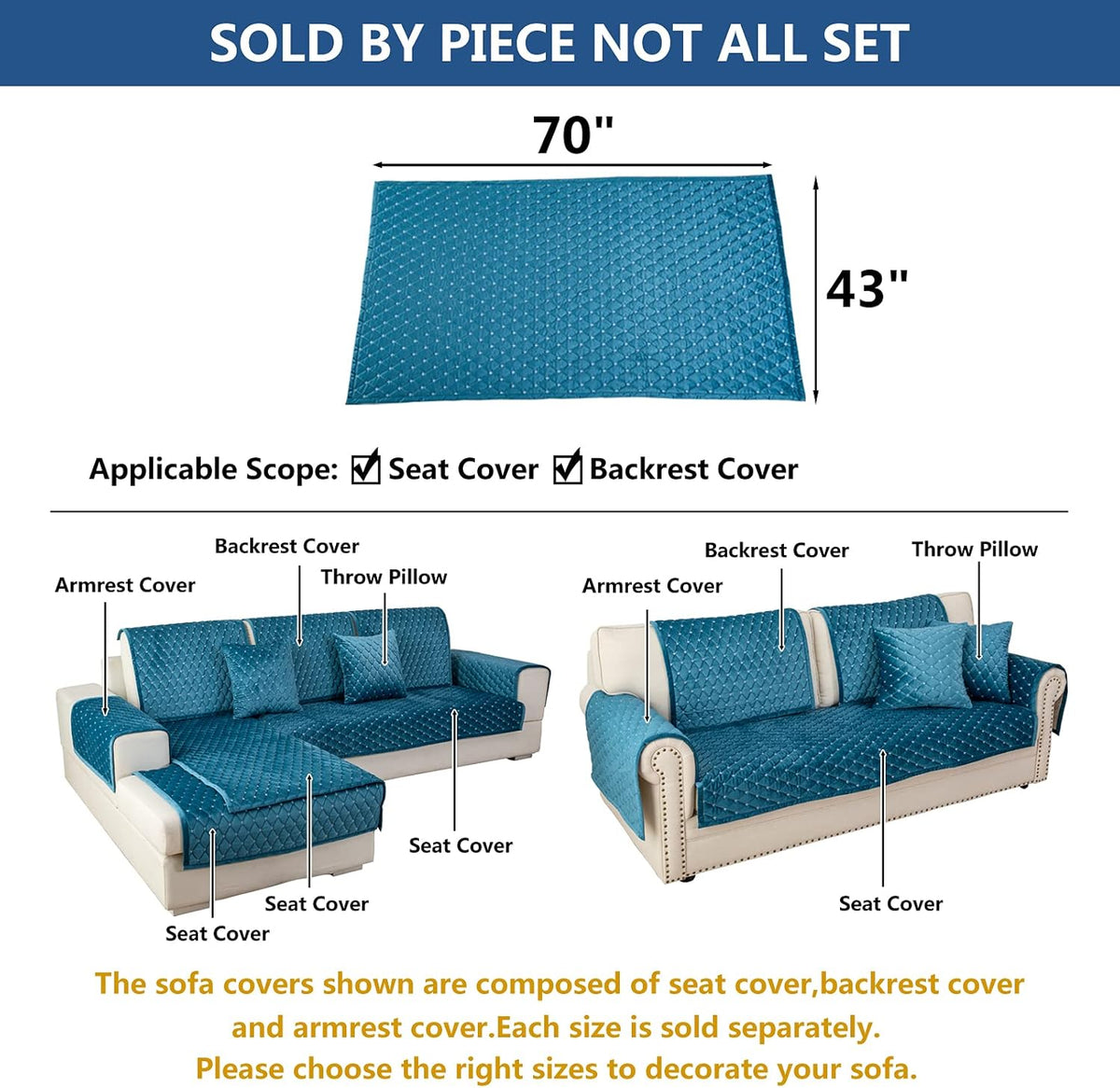 Eismodra Couch Cover,Sectional Couch Covers,Sofa Covers for 3 Cushion Couch,Anti-Slip Sofa Slipcovers for Dogs Cats Kids Loveseat Recliner L Shaped Armrest Backrest,Blue 43''x70''(Only 1 Piece)