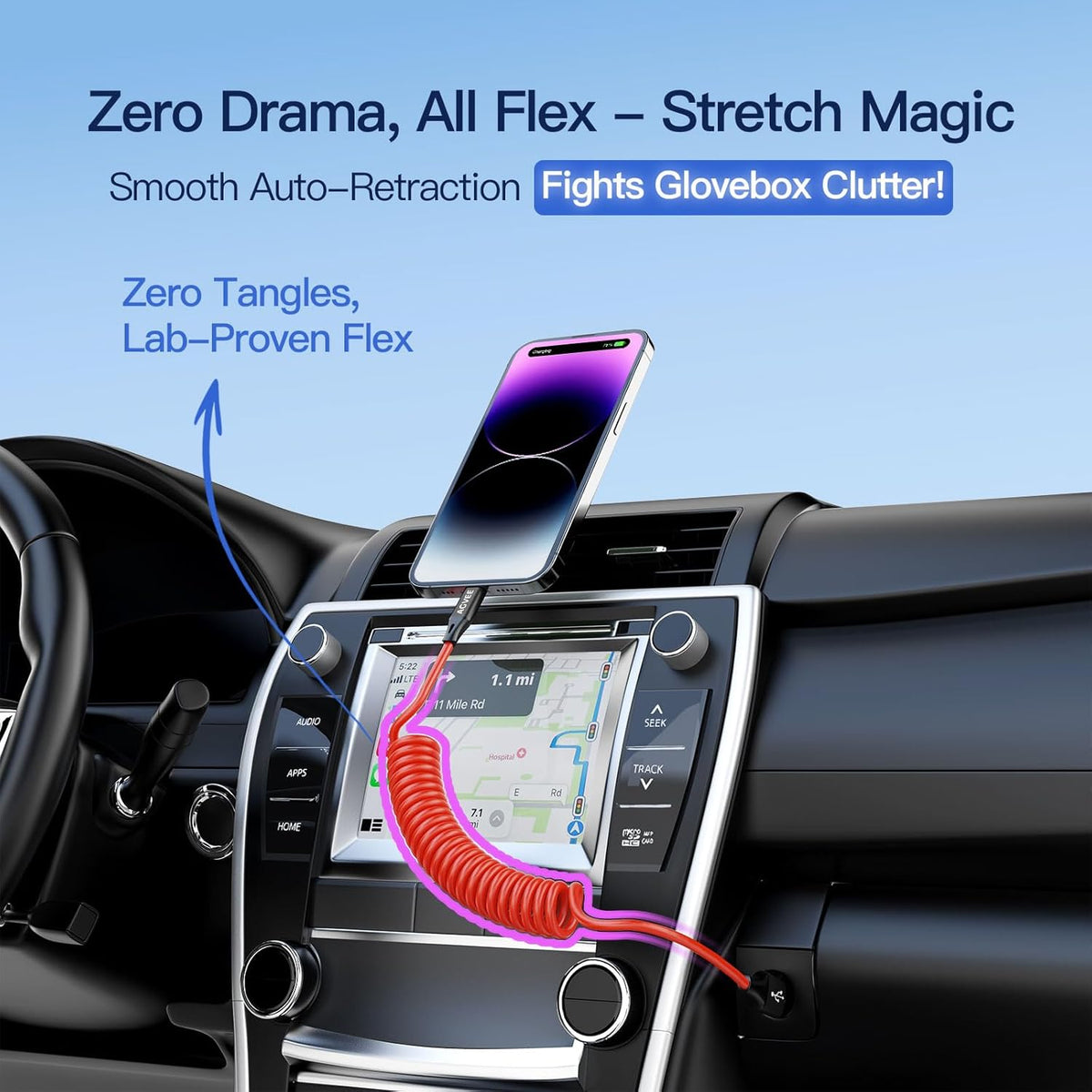 AGVEE 2 Pack 5ft Coiled Short USB to Lightning Charging Cable [MFI Certified] 3A Fast Charger Cord in Car for iPhone 14/13/12/11/XS/8/7/6/5 CarPlay, iPad, iPod, Red