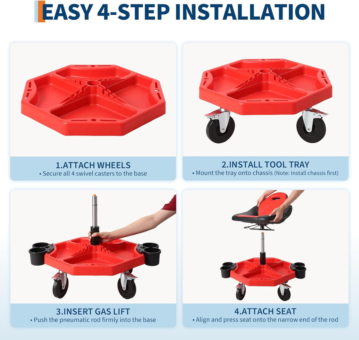 Garage Stool, 19”-24” Adjustable Rolling Mechanic Stool with Universal Wheels, Removable Magnetic Tool Tray, 300LBS Capacity, Roller Creeper Seat, Shop Chair