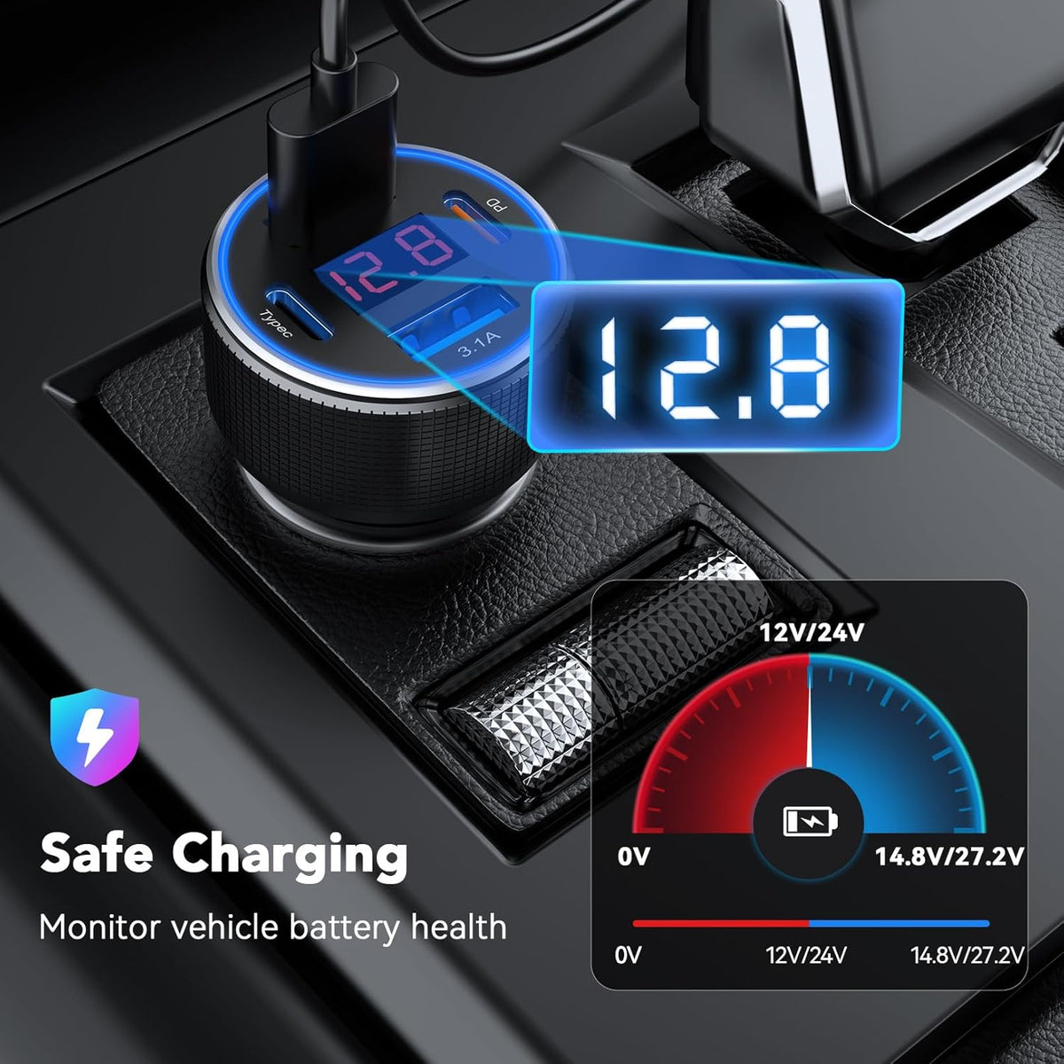 USB C Car Charger Fast Charging USB C Cable, 78W 4 Port iPhone 16 15 Car Charger Adapter with Voltmeter Cigarette Lighter USB Charger for iPhone 16 Pro Max/15 Plus/14/13/12, Samsung Galaxy, iPad
