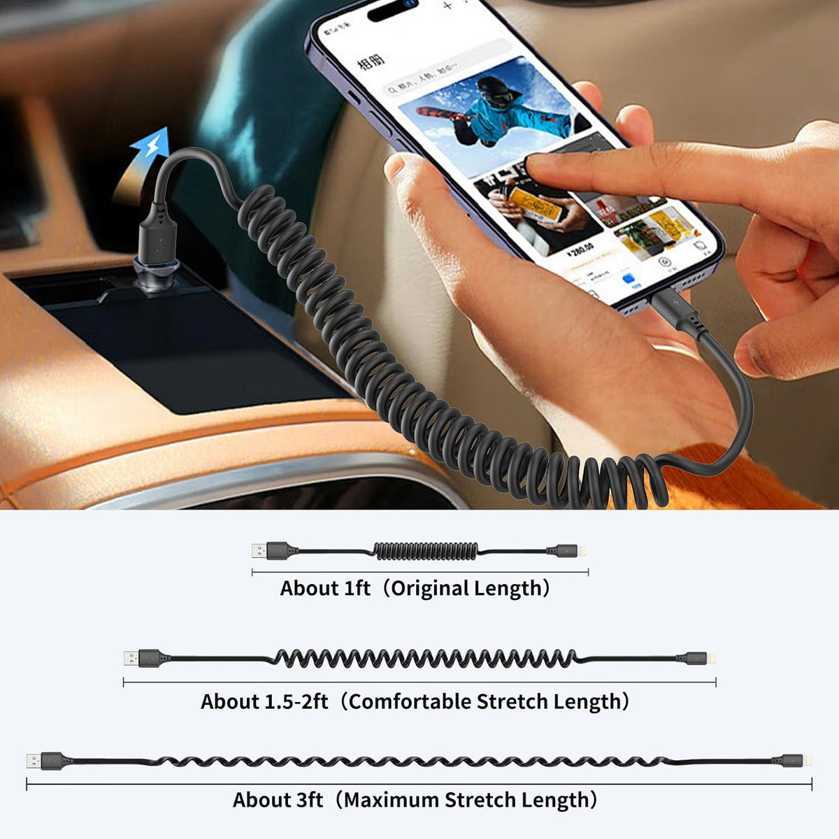 Coiled Lightning Cable 3FT for Car 2Pack, Stretchable iPhone Cord Fast Charging [MFi Certified] Coiled USB to Lightning Cable for iPhone 14 13 12 11 Pro Max XS 8 CarPlay