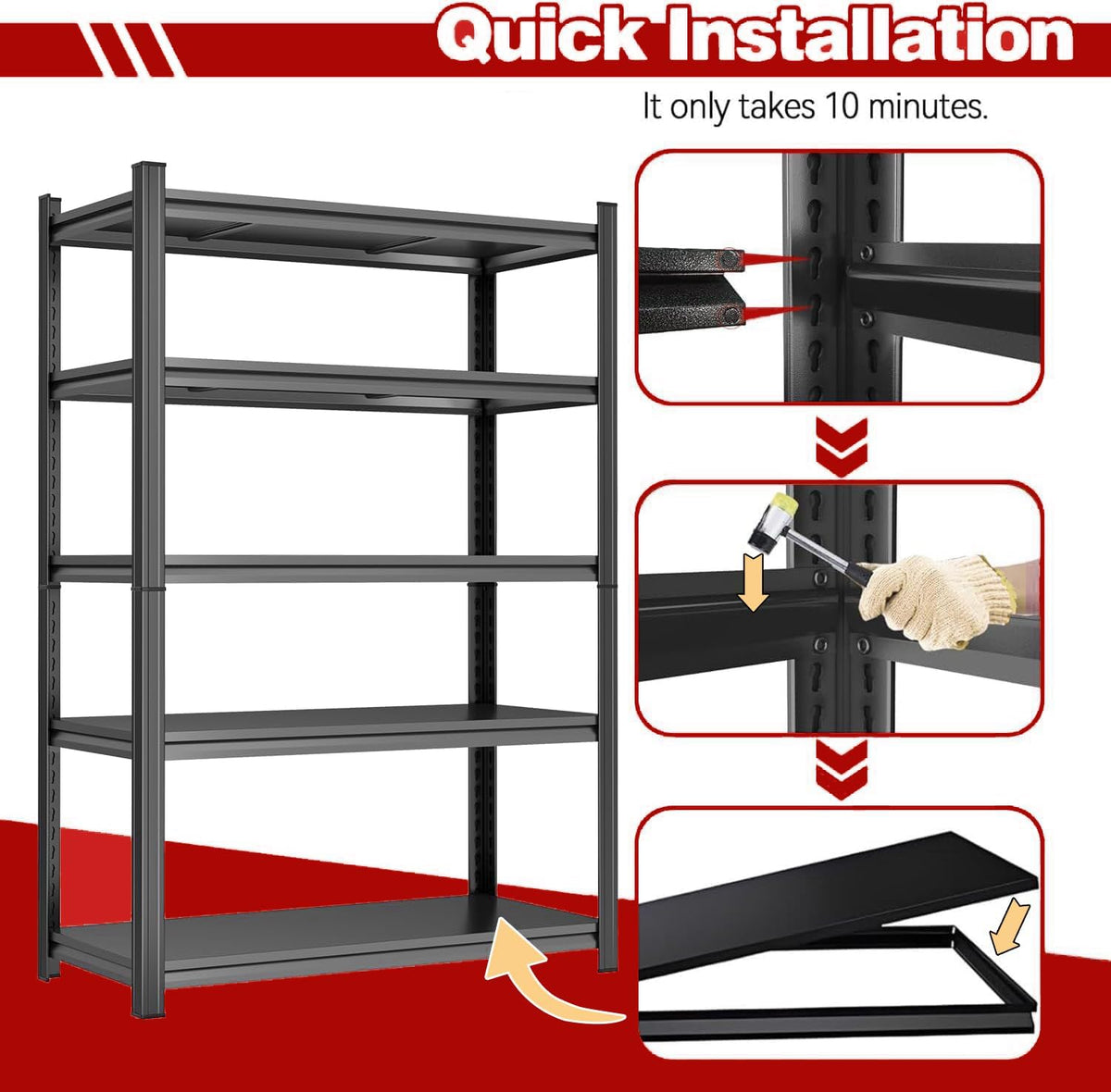 45.3" W Metal Garage Shelving Unit 3500LBS Metal Storage Shelves 5 Tier Adjustable Shelving Unit Garage Shelves for Kitchen Warehouse Pantry Basement,Rust-Resistant, 72" H x 45.3" W x 16" D,Black