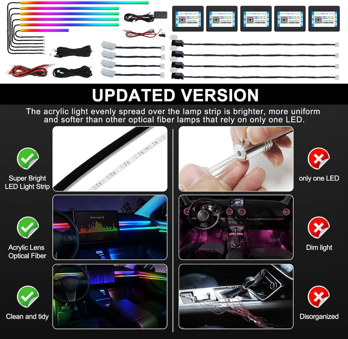 Dreamcolor Acrylic Interior Car LED Strip Light with Wireless APP, RGB 14 in 1 with 175 inches 600 LEDs Fiber Optic Car Ambient Lighting Kits, Dual Zone Sound Active Function LED Strip for Car