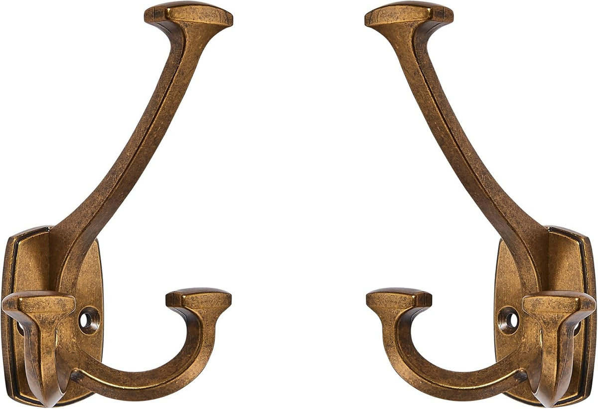 Large Wall Double-Sided Hook 5 Pack Antique Brass Hook Decorative Heavy Duty Solid Large Coat Hooks for Towel Hanging Coats Robe Towel Bags Door Back 2 Prong Hooks