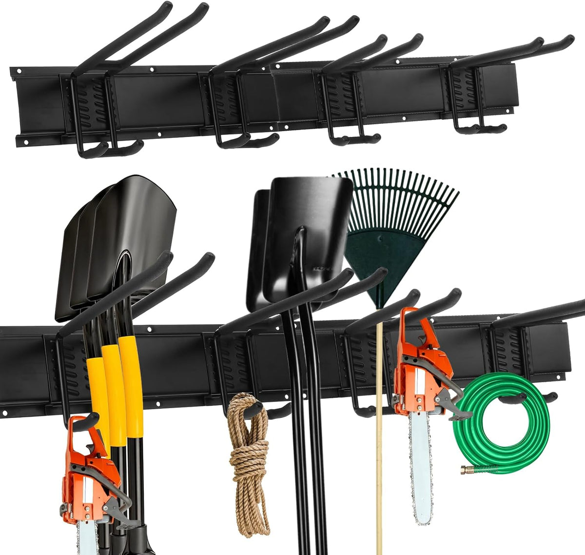 Garage Storage Rack Hooks, 32 Inch Heavy Duty Wall Mount Garage Organization with 2 Rails and 4 Adjustable Double Wall Hooks,Hanging Shelves for Garden Tool/Broom/Mop(Black)
