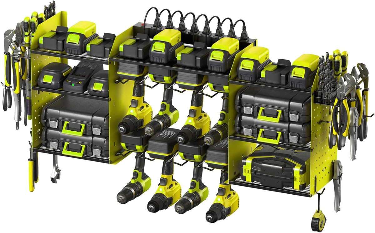 CCCEI Green Large Tools Organizer Wall Mount Charging Station, 39 Inch Long Power Tool Battery Storage Rack with 6FT Power Strip. 8 Drill Holder, Garage Utility Shelves. Pegboard Hanging Extension.