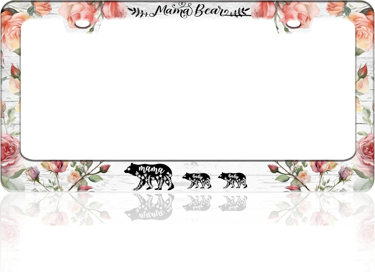 Mama Bear License Plate Frame Beautiful Flowers for Front or Rear Car Tags Stainless Steel License Plate Holder Funny Car Decoration with Screws 6.3 X 12.2 in