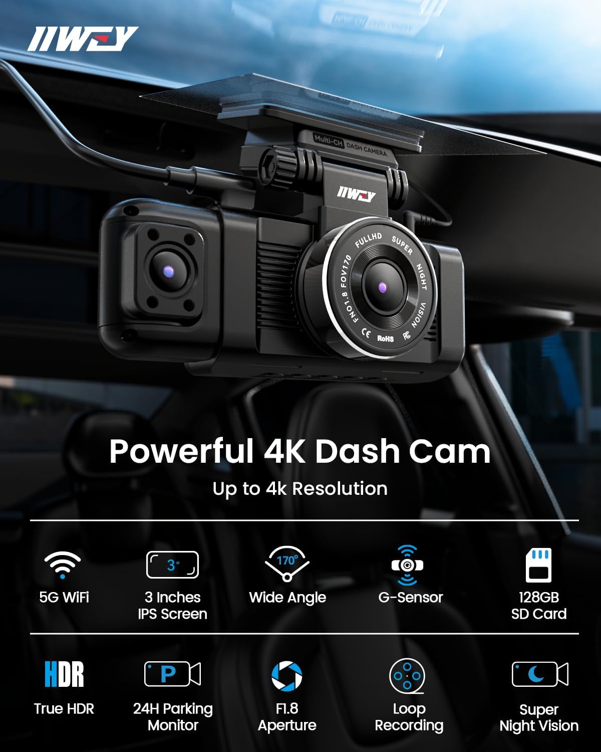 iiwey N7 3 Channel Dash Cam Front and Rear Inside 3K+1080P+1080P with 128GB SD Card, 5GHz WiFi, Rotatable Side Camera for Car, IR Night Vision, 24/7 Recording, G-Sensor, Parking Mode