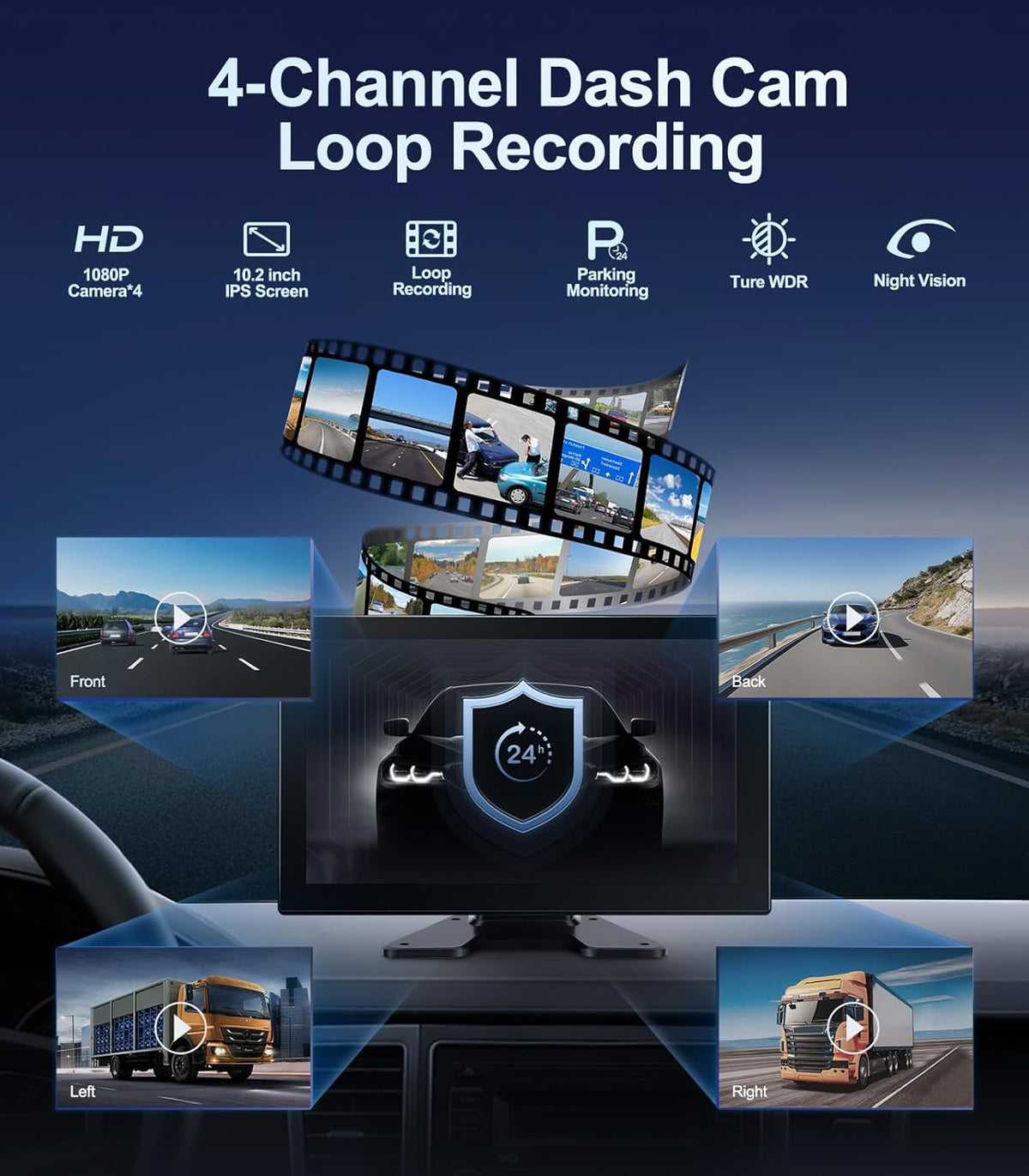 4 Channel 1080p Backup Camera Dash Cam for RV/Truck/Trailer/Van/SUV/Cars,10.2 Inch Touch Screen Quad Split Parking Monitor with DVR Recording/Playback/Bluetooth/FM Radio/Music/Video Player