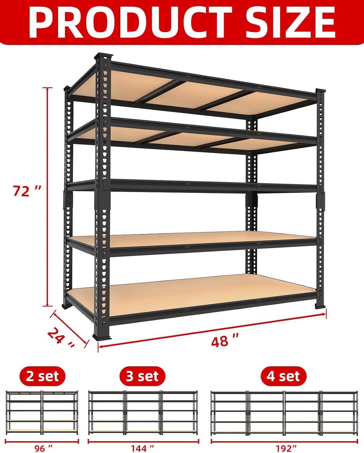 PrimeZone Heavy Duty Garage Storage Shelves - 48" W X 24" D X 72" H Adjustable Metal Shelving Unit, 5 Tier Industrial Shelves for Storage Standing Utility Rack for Warehouse, Basement, Black, 2 Pack