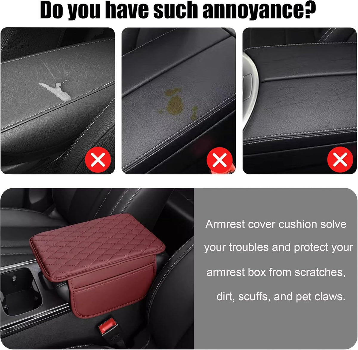 Car Center Console Cover, Upgraded Leather Armrest Seat Box Cover with 2 Storage Bags, Universal Waterproof Car Armrest Cover Cushion Comfortable Car Decor Accessories for Most Vehicles (Red)