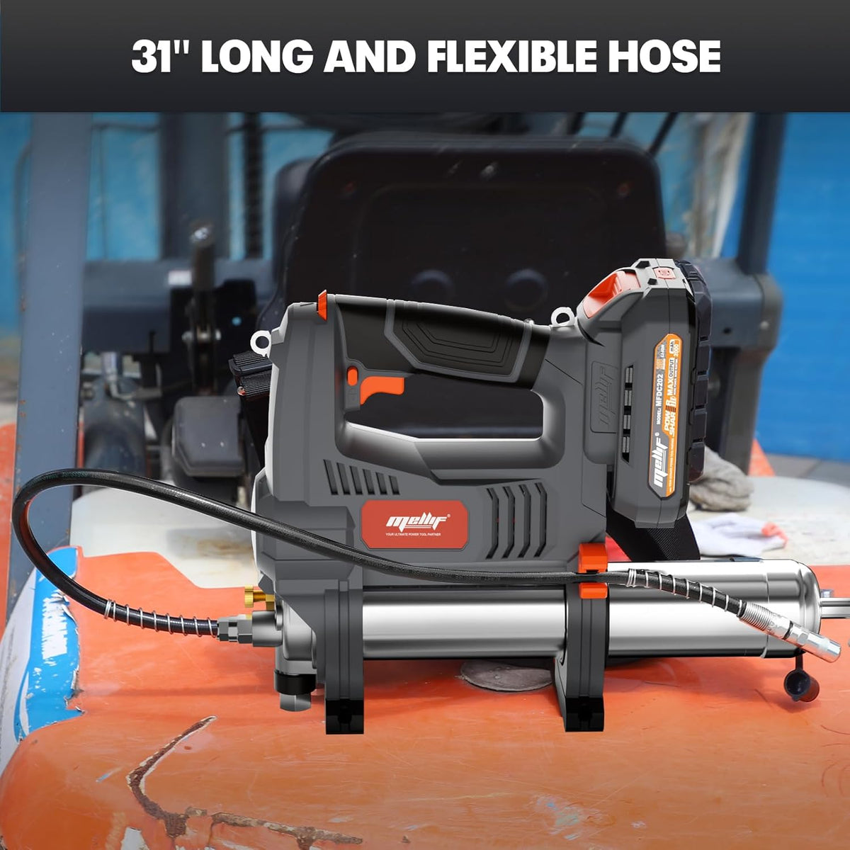 Mellif Cordless Power Grease Gun Compatible with DeWalt 20V MAX Battery, 10,000 PSI, Brushless Motor, 14 oz Capacity, 30" Hose, Built-in LED, Safety Lock, Includes 2.0Ah Battery & Fast Charger